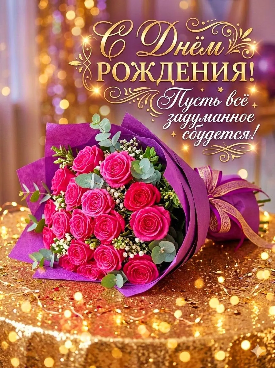 С Днём Рождения! Букет роз с пожеланиями