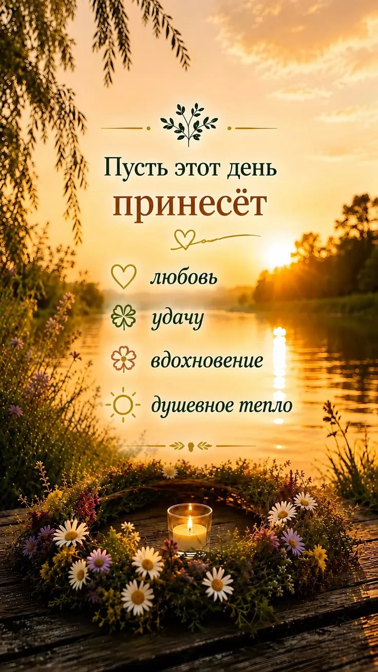 Закат с цветами и свечами: Пусть этот день принесёт любовь, удачу, вдохновение и душевное тепло