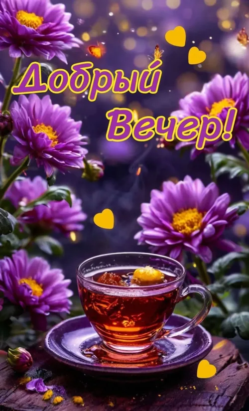 Добрый вечер с чашкой чая и цветами