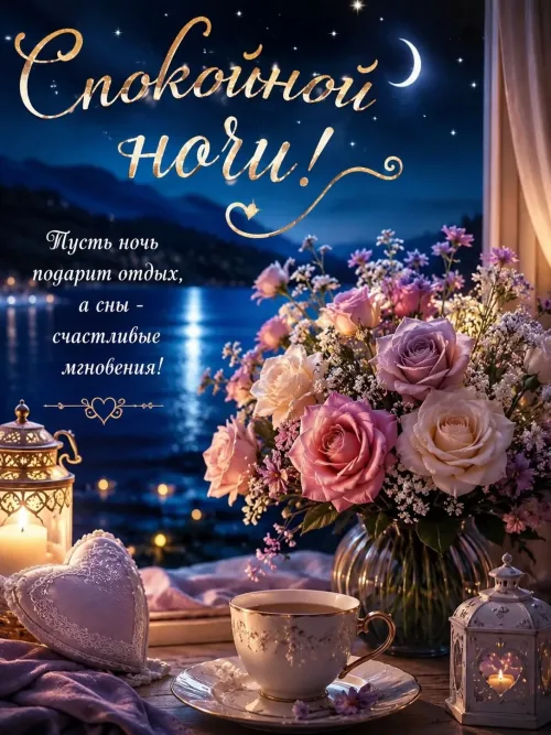 Спокойной ночи с цветами и чашкой чая