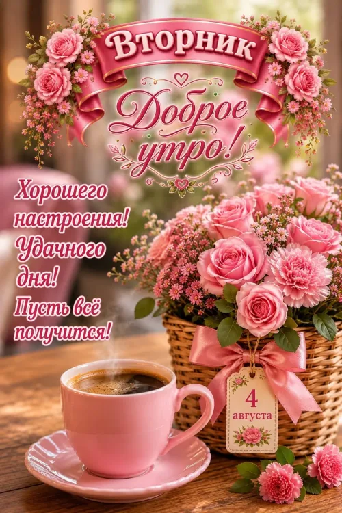 Позитивная открытка с добрым утром и кофе на вторник