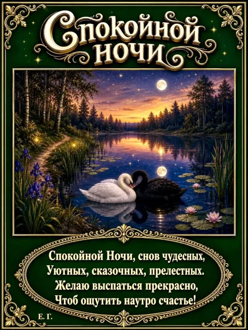 Спокойной ночи с лебедями и цветами