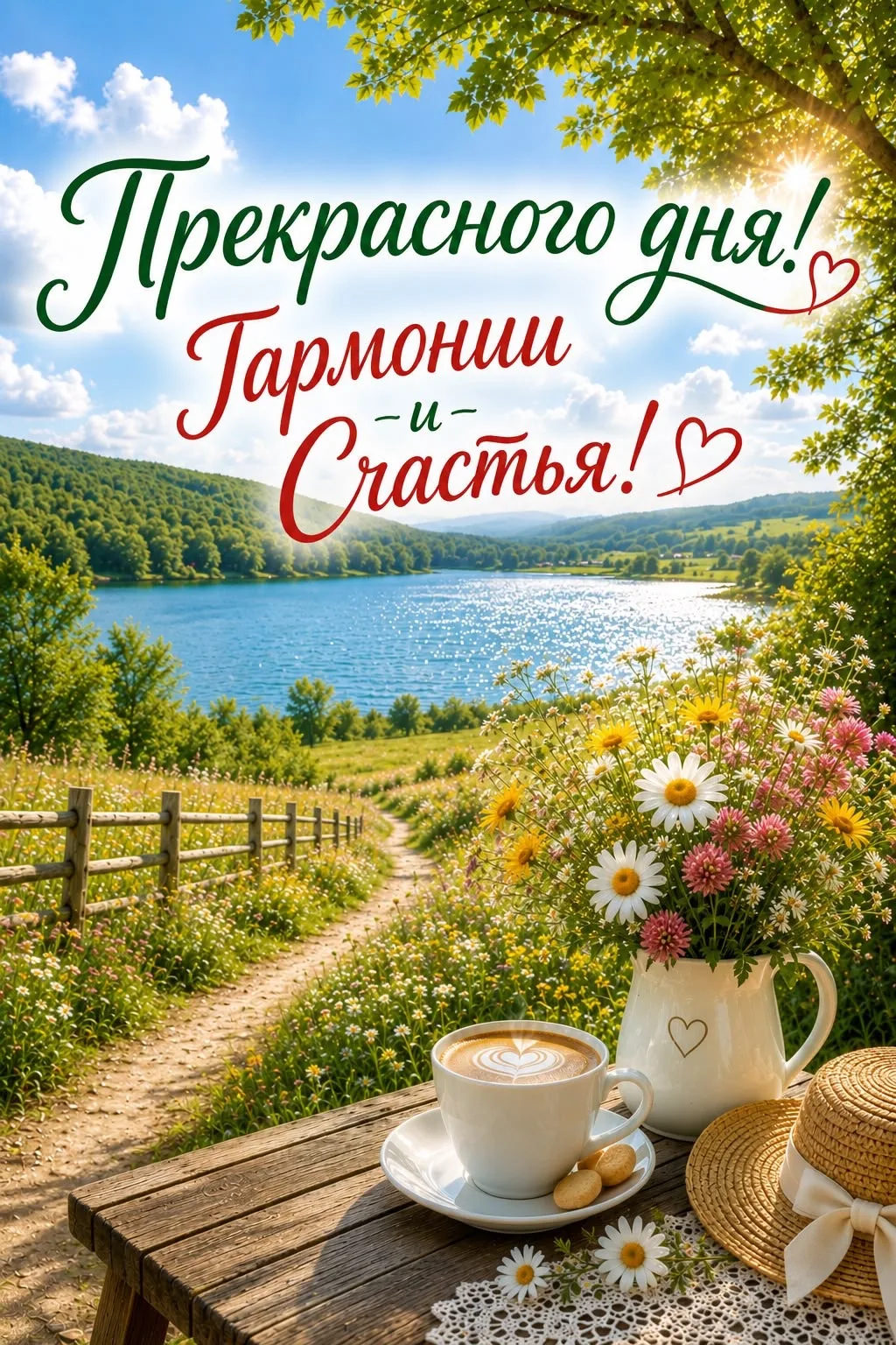 Прекрасного дня! Гармонии и Счастья с цветами и чашкой кофе