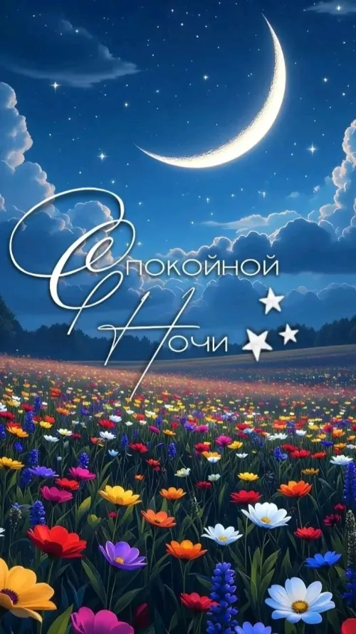 Спокойной ночи с полной луной и цветочным полем