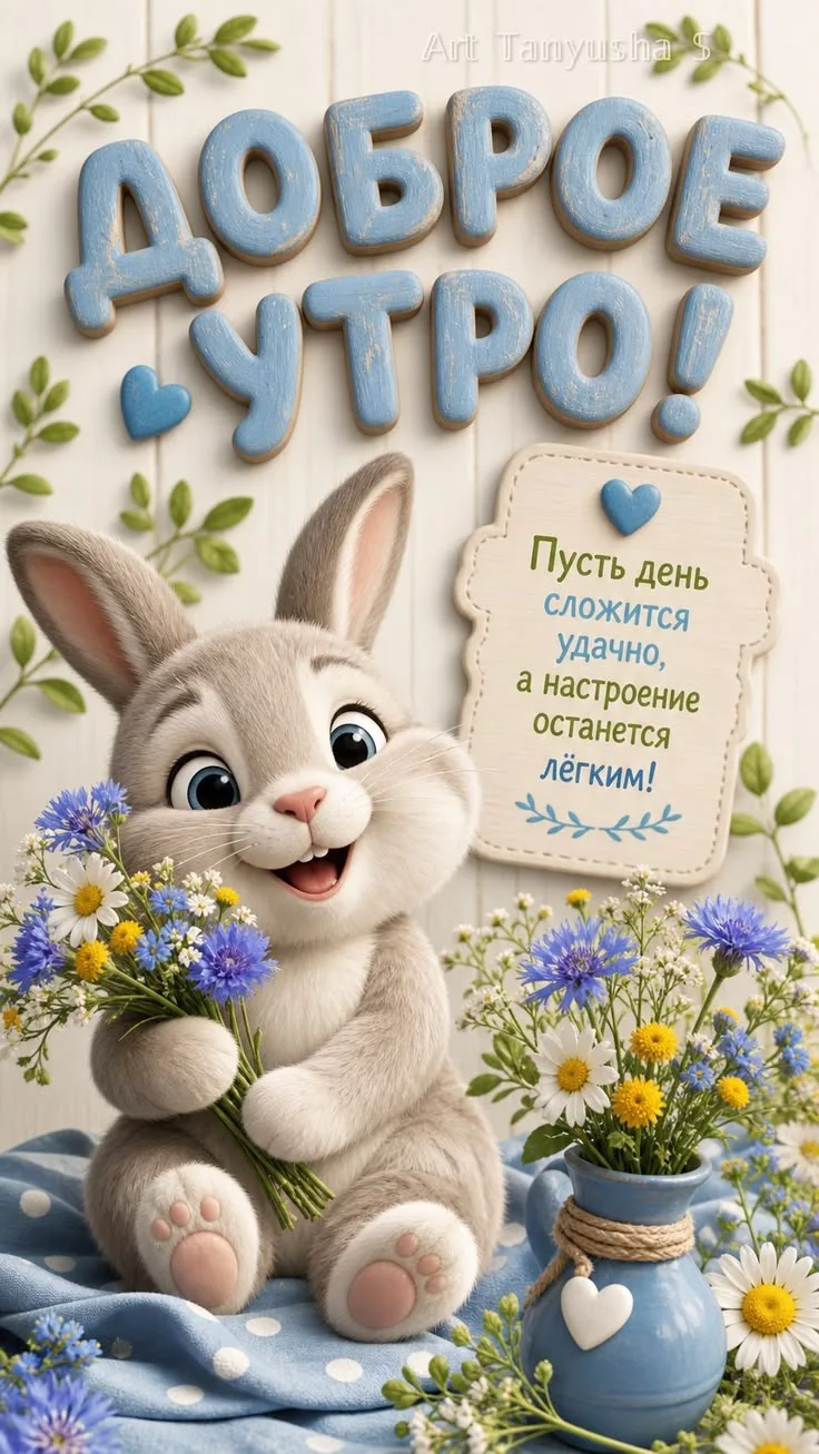 Позитивное Доброе утро с весенними цветами и кроликом