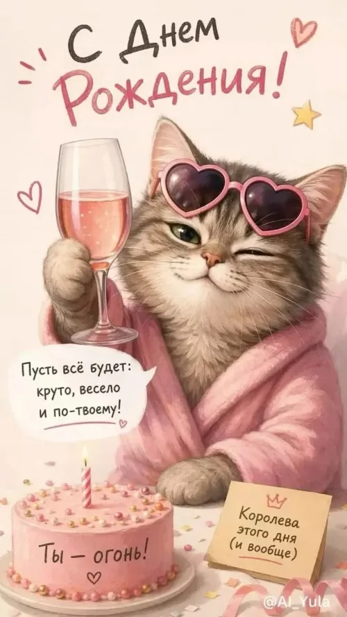 Кот в розовых очках с бокалом шампанского