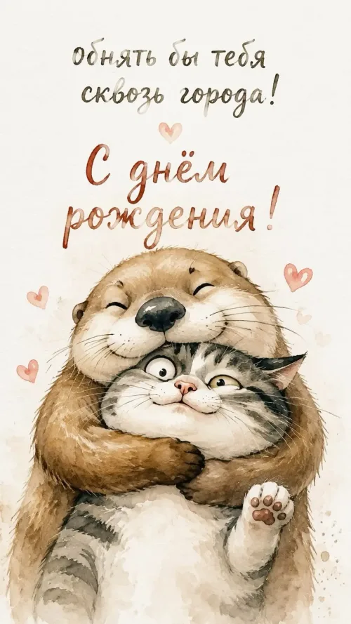 С днём рождения! Медведь обнимает котенка
