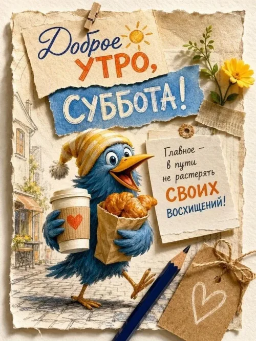 Доброе утро, суббота! Птица с кофе и круассанами