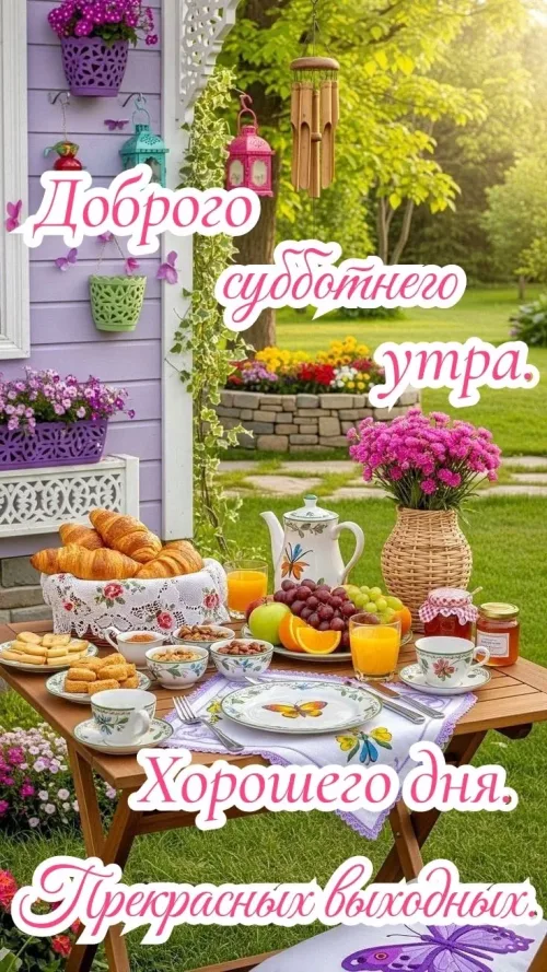 Утренний завтрак на субботу с цветами и бабочками