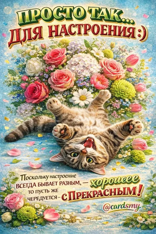 Открытка с котом и цветами для хорошего настроения
