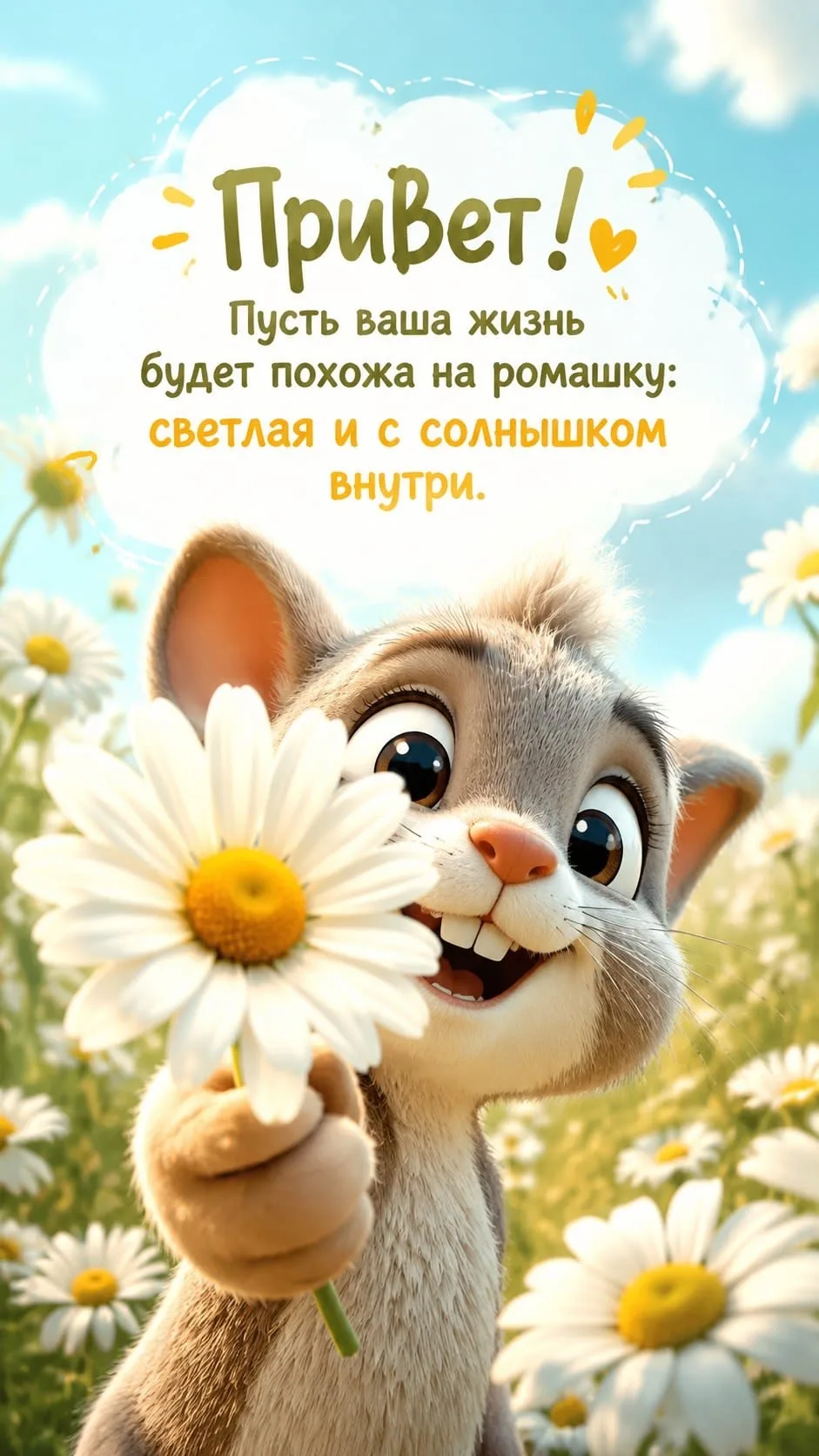 Весенний зайчик с ромашкой: позитивное пожелание