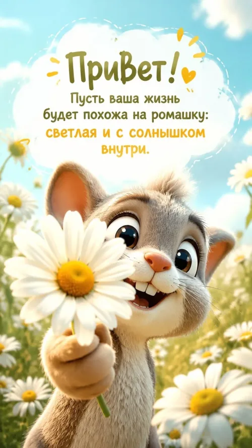 Весенний зайчик с ромашкой: позитивное пожелание