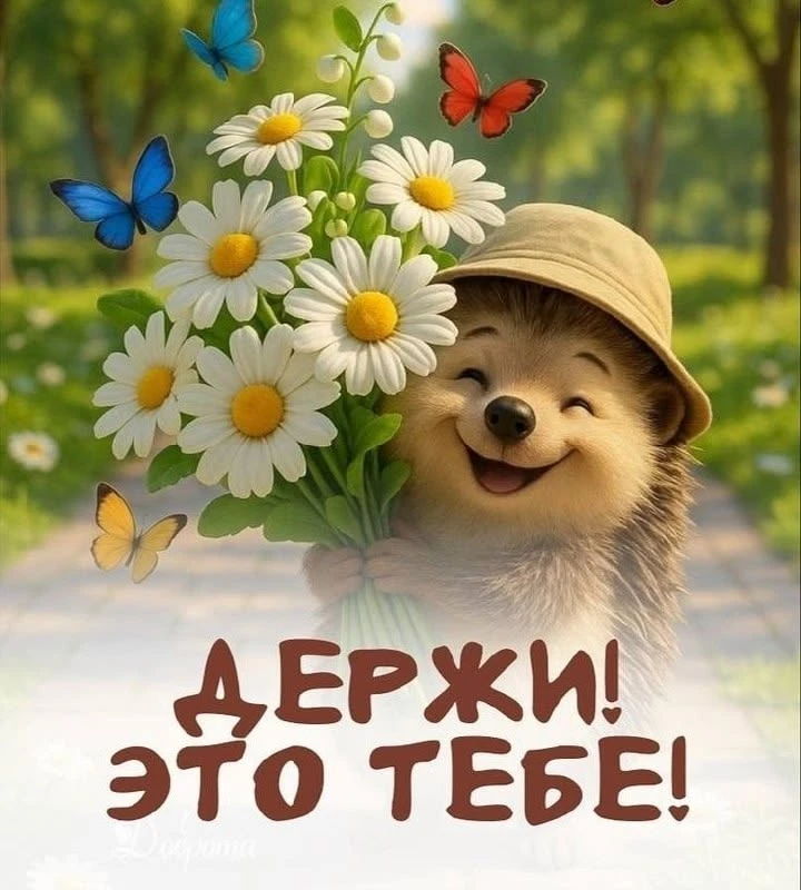 Позитивное пожелание с весенними цветами и ёжиком