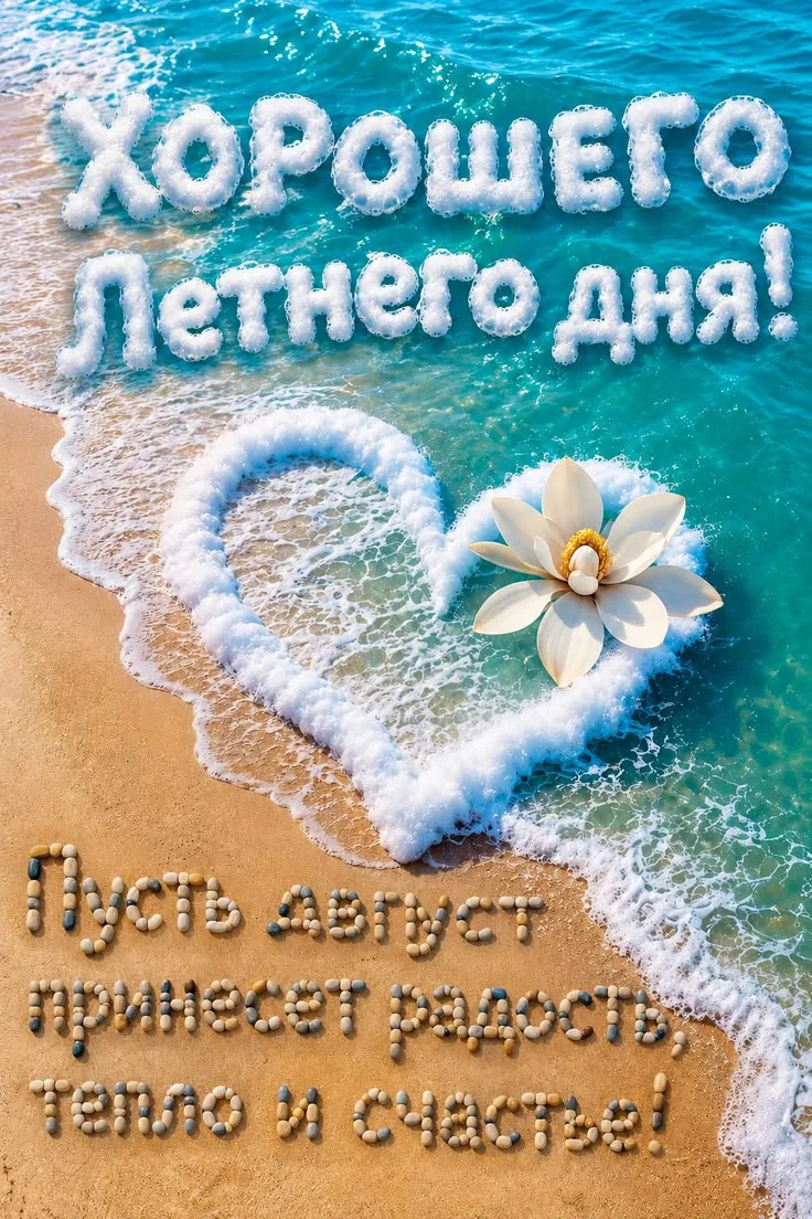 Летний пляж с цветком и пожеланием на август
