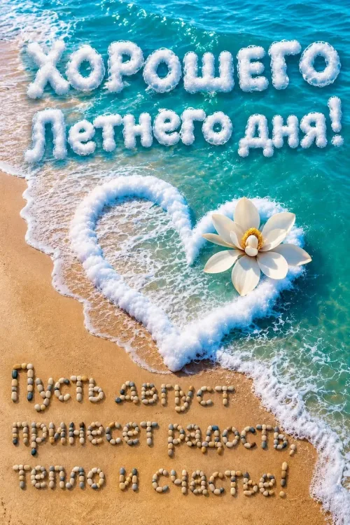 Летний пляж с цветком и пожеланием на август