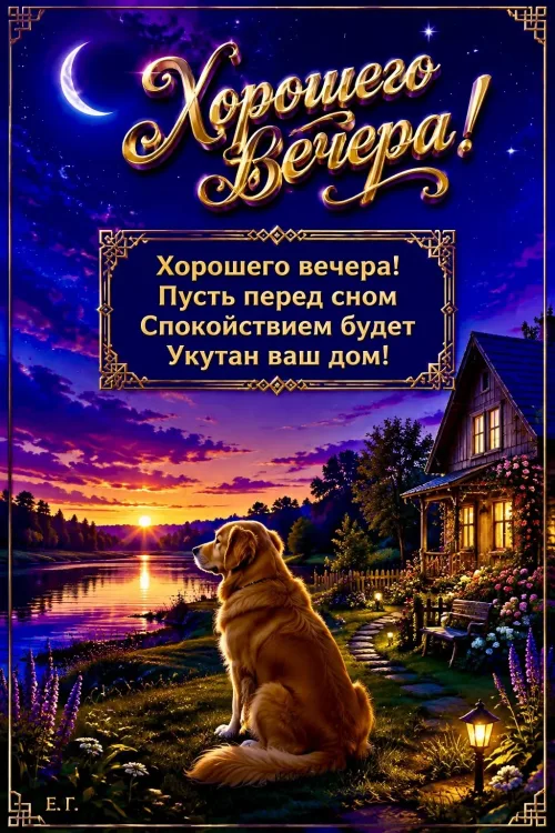 Хорошего вечера! Спокойной ночи с домом и собакой