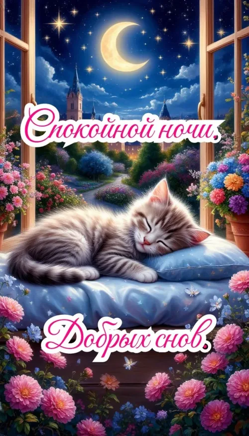 Спокойной ночи: милый кот на фоне цветов