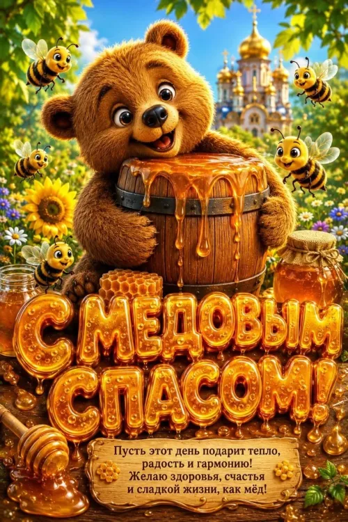 Медовый Спас открытка с медведем и пчелами