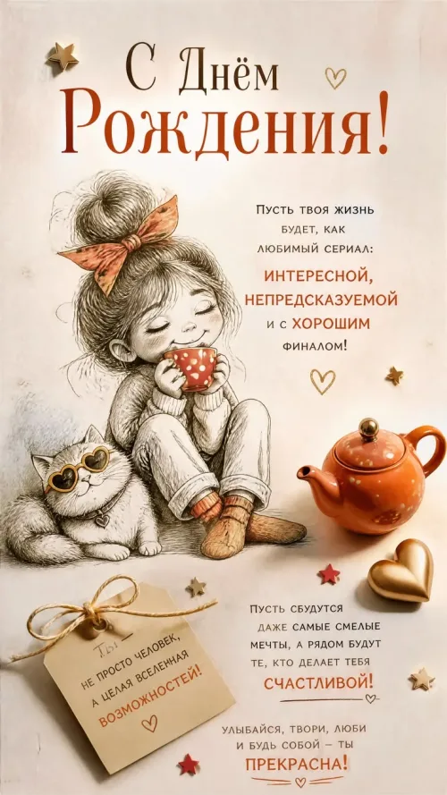 Поздравление с днем рождения: девочка, кошка и чашка чая