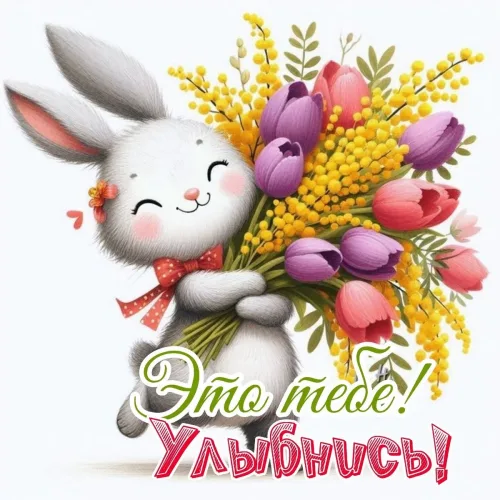 Весенний кролик с цветами и пожеланием улыбнуться