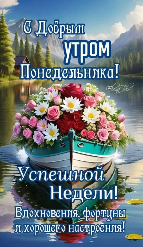 Поздравление с Доброй утром и Понедельником: цветы в лодке на озере