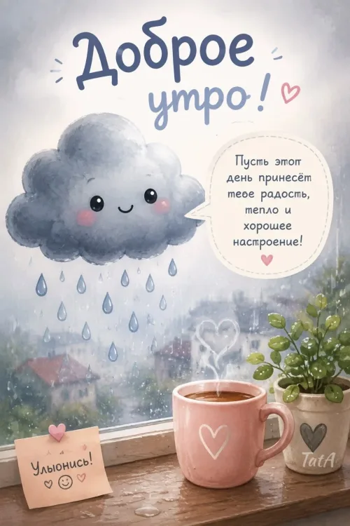 Позитивная открытка с добрым утром и улыбающимся облаком