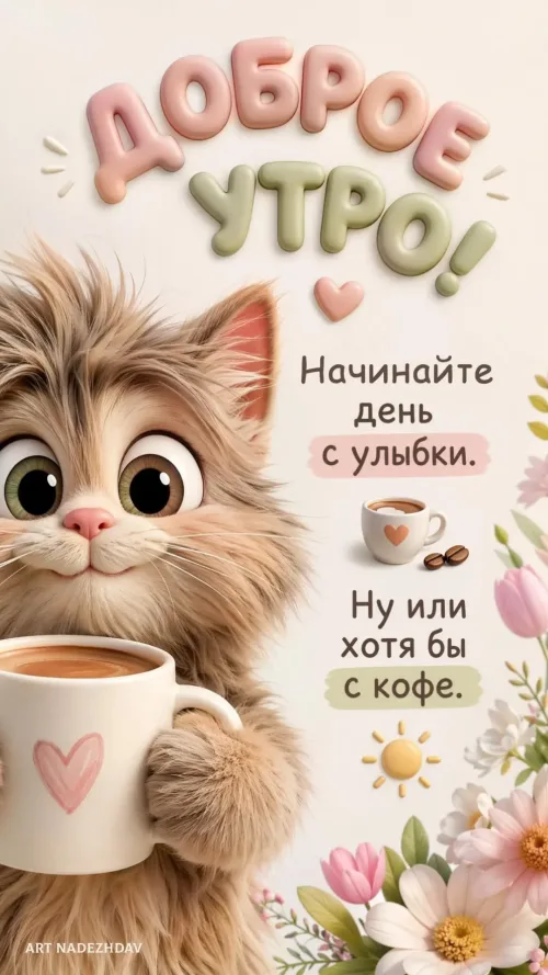Кот с кофе и цветами: Доброе утро!