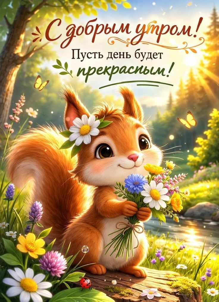 Позитивная открытка с добрым утром и весенним пейзажем