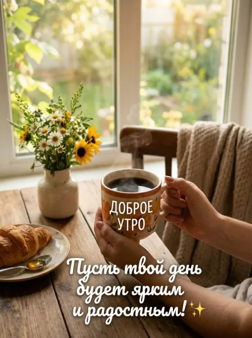 Доброе утро Женщине с цветами и кофе