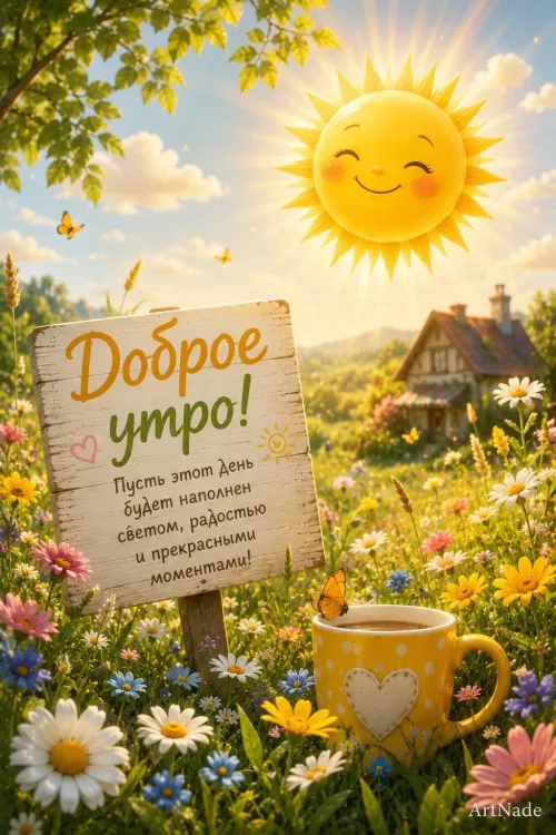 Позитивная открытка с добрым утром и цветами