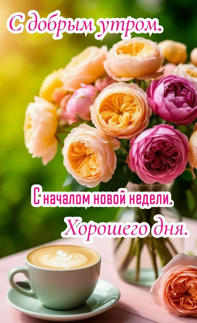 Цветы и кофе: Поздравление с доброй неделей и хорошим днем