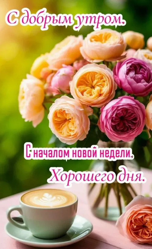 Цветы и кофе: Поздравление с доброй неделей и хорошим днем