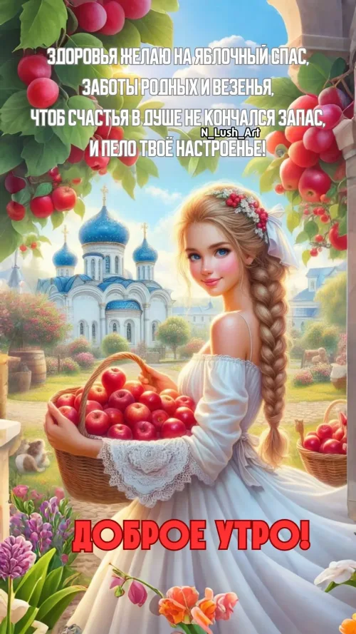 Яблочный Спас: Девушка с корзиной яблок и пейзаж