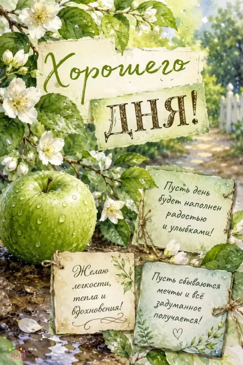 Весенняя открытка с добрым утром и яблоком