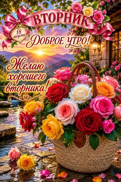 Доброе утро, вторник: красивая открытка с цветами