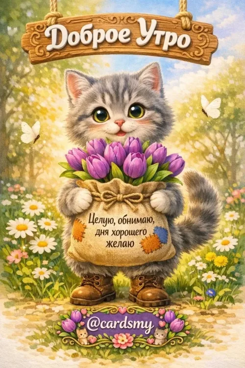 Кот с тюльпанами: Доброе утро весной