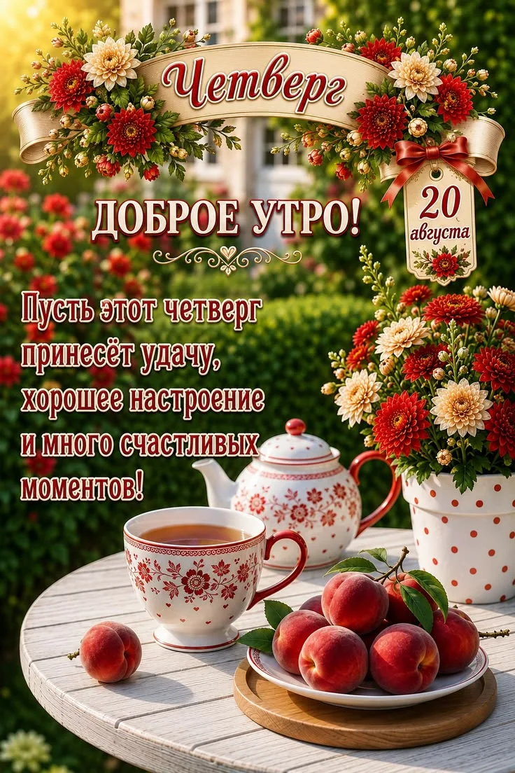 Красивая открытка с добрым утром на четверг с цветами и чашкой чая