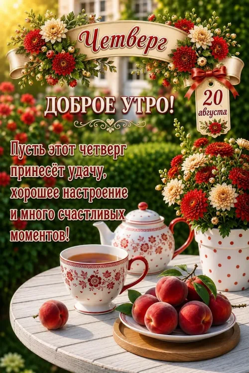 Красивая открытка с добрым утром на четверг с цветами и чашкой чая