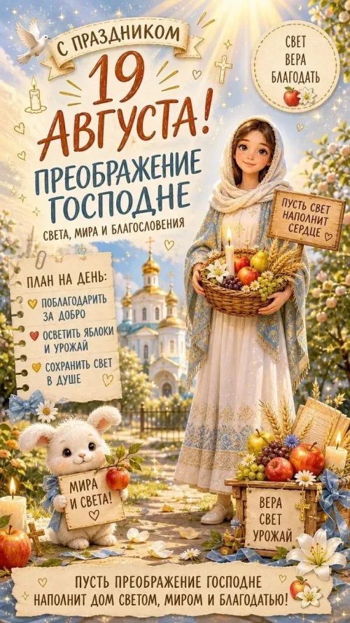Праздничная открытка с Преображением Господним и яблоками