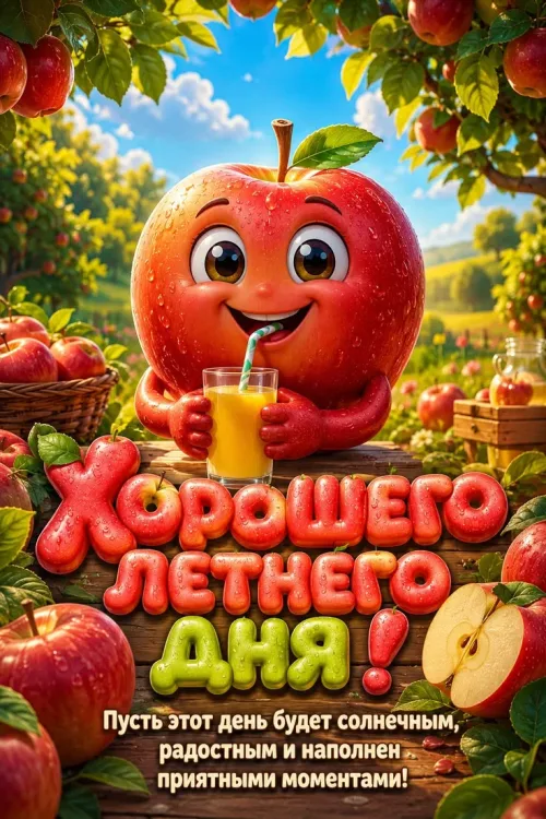 Открытка с яблоком и соком на летний день