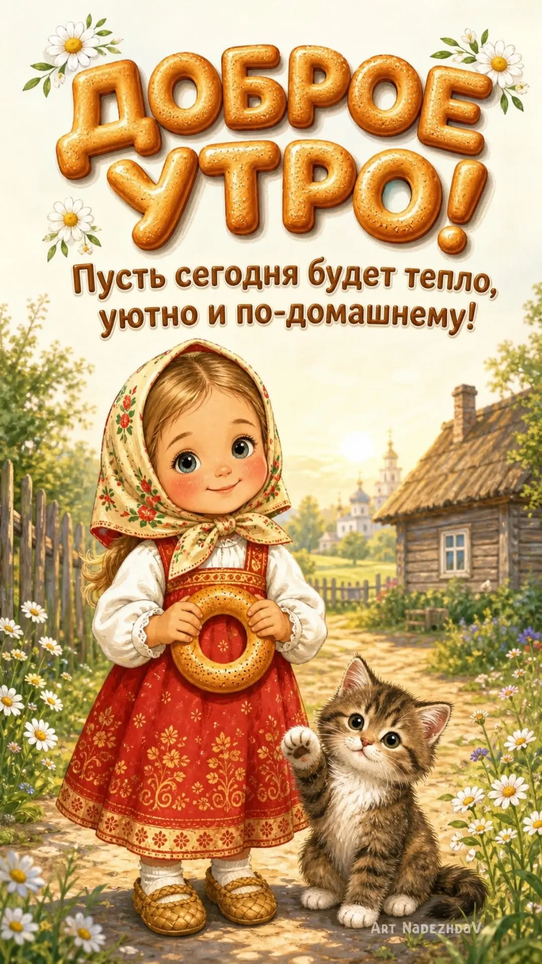 Уютное утро с котенком и девочкой в красном