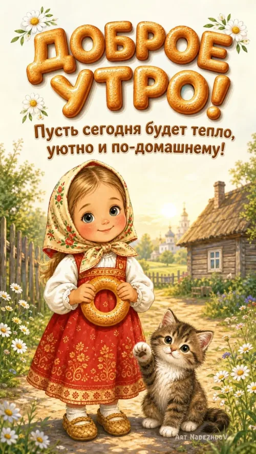 Уютное утро с котенком и девочкой в красном