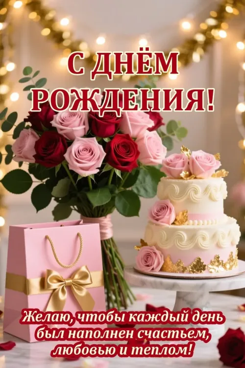 С Днём Рождения! Красивый торт и букет роз для женщины