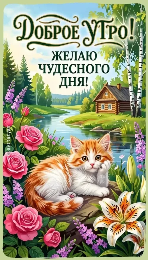 Позитивная открытка с добрым утром и весенним пейзажем