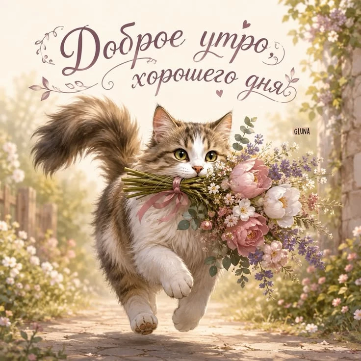 Кот с цветами: Доброе утро, хорошего дня