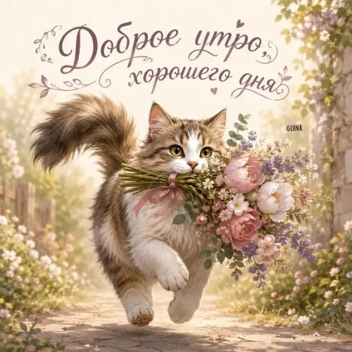 Кот с цветами: Доброе утро, хорошего дня