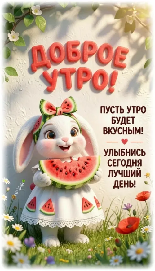 Весенний утренний позитивный открытка с кроликом и цветами