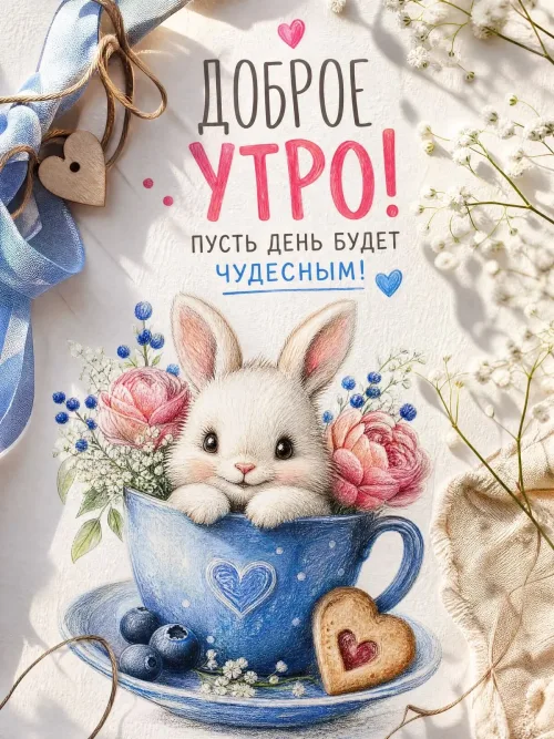 Кролик в чашке с цветами: Доброе утро