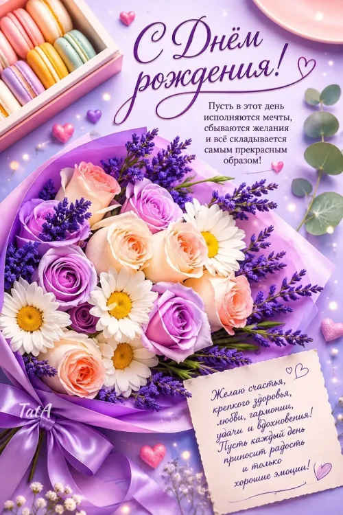 С Днём рождения! Красивый букет цветов и открытка с пожеланиями