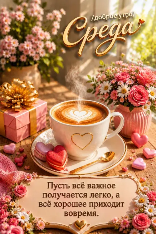 Доброе утро Среда: Чашка кофе и цветы